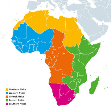 Africa regions political map. United Nations geoscheme with single countries. Northern, Western, Central, Eastern and Southern Africa in different colors. English labeling. Illustration. Vector.