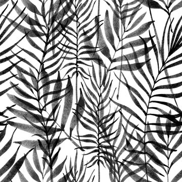 Tropical leaves, jungle pattern. Seamless ink brush botanical pattern. Watercolor monochrome background. Palm leaves.