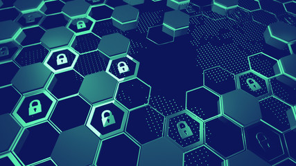 3d render. Abstract crypto cyber security technology on global network background. Digital theme.