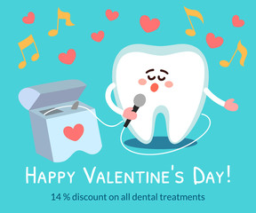 Singing cartoon tooth with dental floss.  Happy Valentine's Day! Greeting card from dentistry, poster with wishes on the blue background.
