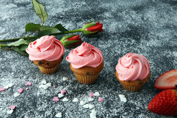 Delicious cupcake for Valentine Day. cake for Valentines day with chocolate and strawberries. Traditional homemade with red roses