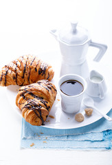 Croissant Coffee Espresso and Milk Tradition Sunset Morning Baking Sweet Dessert on the White Background