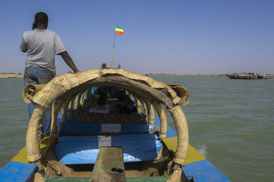 The Niger river seen from the roof top of a small cargo boat, a pinnace, Mali