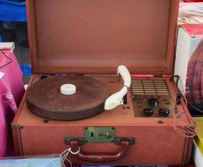 case containing vintage turntables dating back to the fifties of the last century