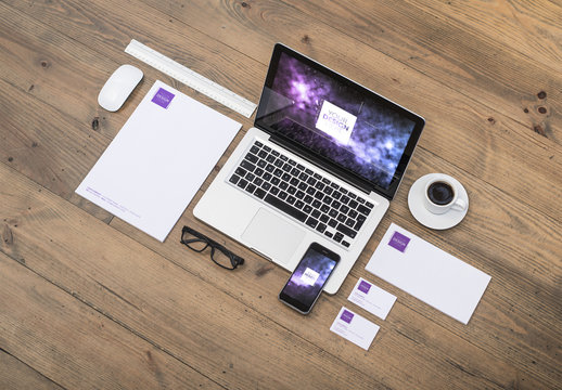 Multiple Devices and Stationery Mockup on Wooden Table 4