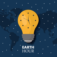 earth hour bulb light ecology clock map stars vector illustration