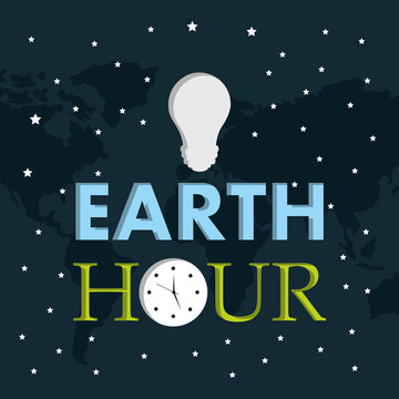 earth hour light bulb clock starry dark background vector illustration