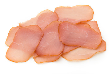 Sliced boiled ham sausage isolated on white background, top view.