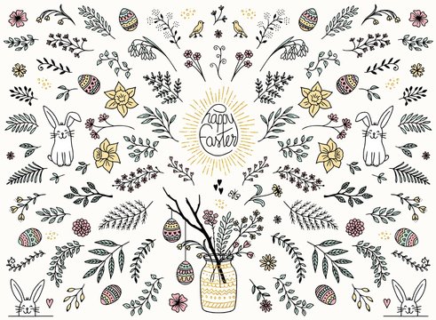 Hand sketched floral design elements for Easter, flowers, leaves, Easter eggs and bunny for text decoration