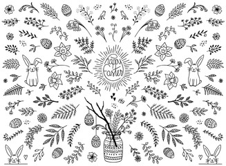 Hand sketched floral design elements for Easter, flowers, leaves, Easter eggs and bunny for text decoration - 191258406