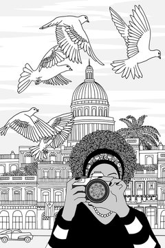 Hand drawn black and white illustration of a young woman taking photos in Havana, Cuba