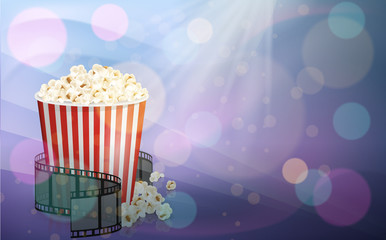 Filmstrip rolled around a full red-and-white stripped bucket of popcorn. Purple and pink abstract background. Vector illustration. Cinema snack and movie food.