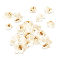 Portion of popcorn. Realistic vector illustration. Spilled, strewed, scattered popcorn isolated on the white background. Cinema snack and movie food. - obrazy, fototapety, plakaty
