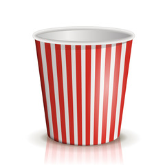 An empty red-and-white striped bucket of popcorn isolated on the white background. Vector illustration. Cardboard or paper bucket. Cinema snack and movie food. © woters