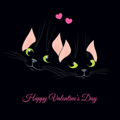 Vector Valentine's Day greeting card. Cartoon illustration of a couple of black cats in the dark. Square format.