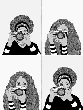 Hand drawn illustrations of two young women taking photos, hiding their faces behind their camera