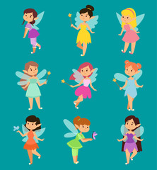Beautiful fairy princesses vector fairy wings fly character magic wand set. Collection of cartoon fairies characters little girls. Princess fashion fairytale magic fantasy cute dress crown girl