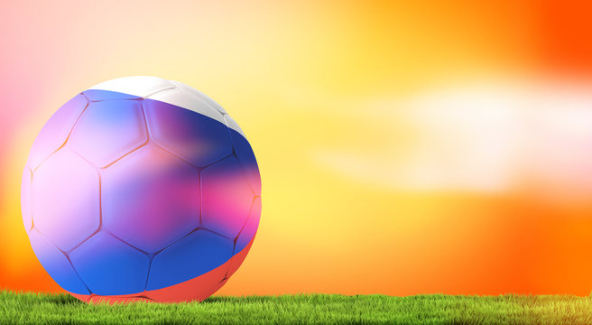 Russia russian ball soccer football 3d rendering bright orange background with green grass