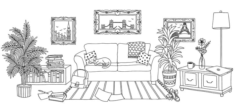 Hand drawn illustration of a living room, interior design with couch, plants and cupboards