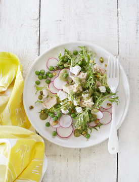 Tuna, Radish, Green Pea and Frisee Salad with Pistachio Vinaigrette