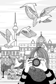 Hand drawn black and white illustration of a young woman taking photos in Berlin, Germany