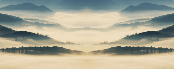 silhouettes of mountains. autumn morning in the Carpathian mountains. foggy dawn