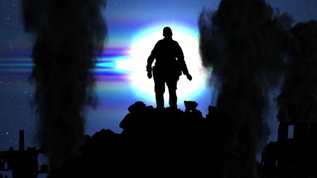 3717 Military Man Dropping Helmet Looking at War Under Moon Light, 4K