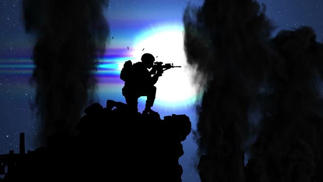 3718 Military Man Dropping Helment and Looking at War Under Moon Light, 4K