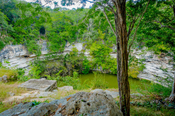 Beautiful outdoor view of a Cenote Xtoloc pond located at Chicen Itza, Yucatan, Mexico