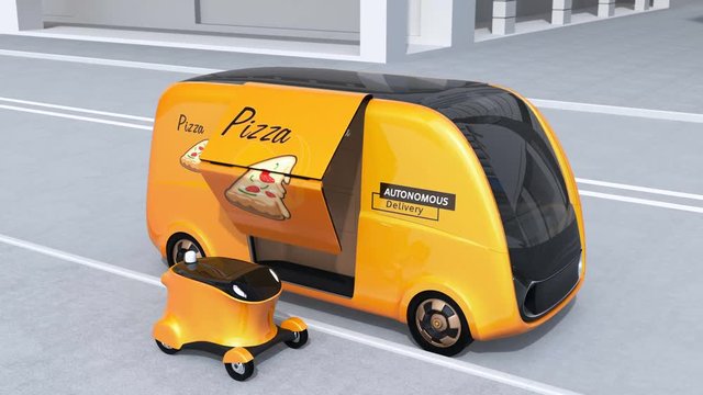 Pizza box transfer from self-driving delivery van to mobile delivery drone. Last one mile concept. 3D rendering animation.