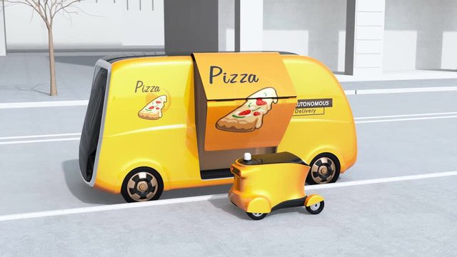 Pizza box transfer from self-driving delivery van to mobile delivery drone. Last one mile concept. 3D rendering animation.