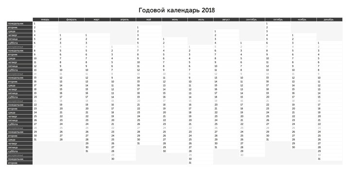 Year planning calendar for 2018 in Russian - Sundays are highlighted, grayscale version - printer friendly, annual planner, other language mutations also in portfolio