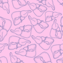 Sketch Ink Human liver, hand drawn seamless Pattern Background, Engraved Anatomical illustration. Vector