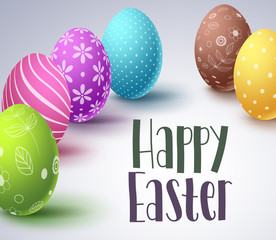 Happy easter vector banner design with colorful eggs elements and greeting text in white background. Template for easter greetings and celebration. Vector illustration.
