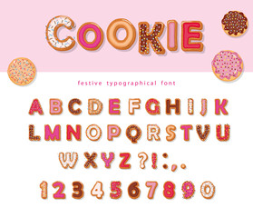 Cookie hand drawn decorative font. Cartoon sweet ABC letters and numbers. For birthday or Valentines day cards, cute design for girls.