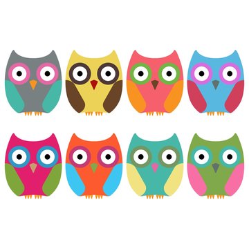 eight colorful owls