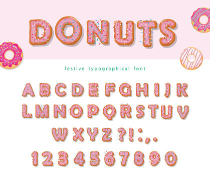 Donuts hand drawn decorative font. Cartoon sweet letters and numbers. Cute design for girls. Birthday party celebration.