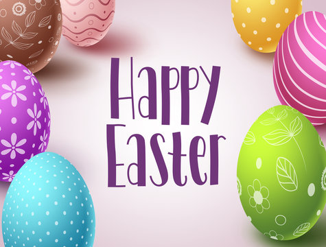 Happy easter vector banner design with colorful eggs elements and greeting text in white background. Easter greeting card design template with eggs boarder. Vector illustration.
