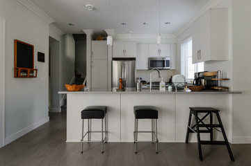 Modern white kitchen with stainless steel appliances. Interior design.
