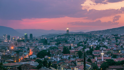 Warm evening in Sarajevo, beautiful skyline at dusk with purple touch