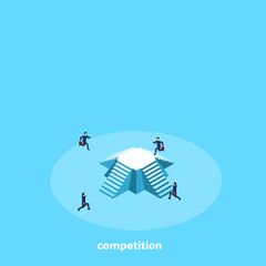 men in business suits compete who will first run to the pyramid, isometric image