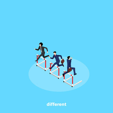people in business suits compete in running with obstacles but run in different directions, an isometric image