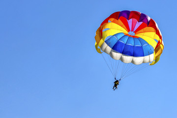 Two men are gliding using a parachute on the background of the blue sky. - obrazy, fototapety, plakaty