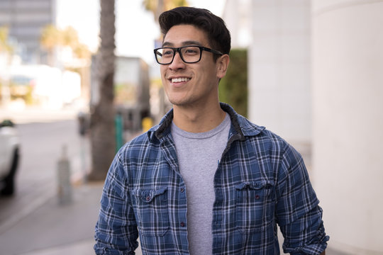Young Asian Man Walking Street Smile Happy