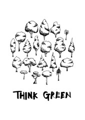 Black Line Tree doodle illustration circle frame line sketch style eps10