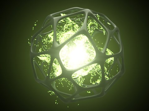 concept of green energy particles into artifactial black cage. 3d illustration