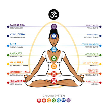 Chakras system of human body - used in Hinduism, Buddhism, Ayurveda. Line art  version. For design, associated with yoga. Vector Sahasrara, Ajna, Vishuddha, Anahata, Manipura, Swadhisthana, Muladhara