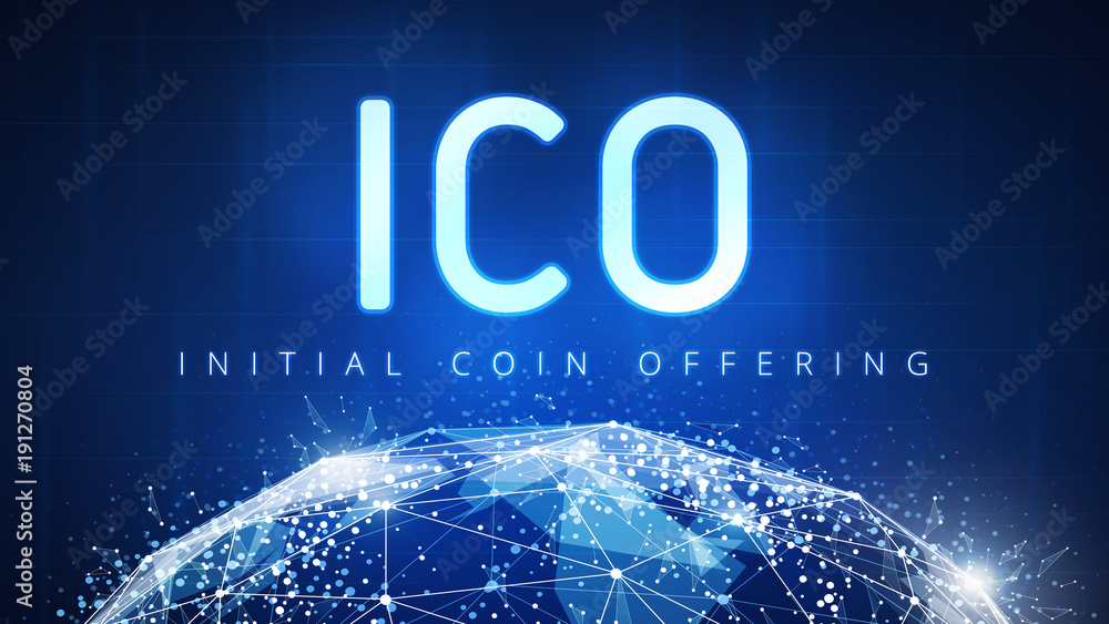 Poster ico initial coin offering futuristic hud background with world map and blockchain peer to peer netwo