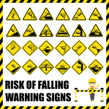 Set of safety warning signs and symbols of the risk of falling, Labels and signs using for fall hazard prevention.