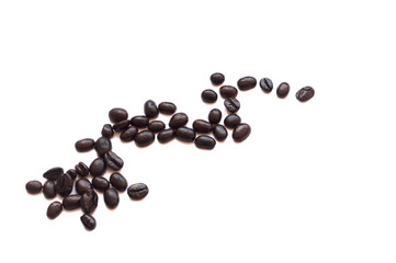 roasted coffee beans in scattered shape on white background, isolated picture